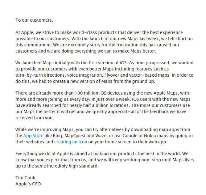 Apple CEO Tim Cook's apology for Maps