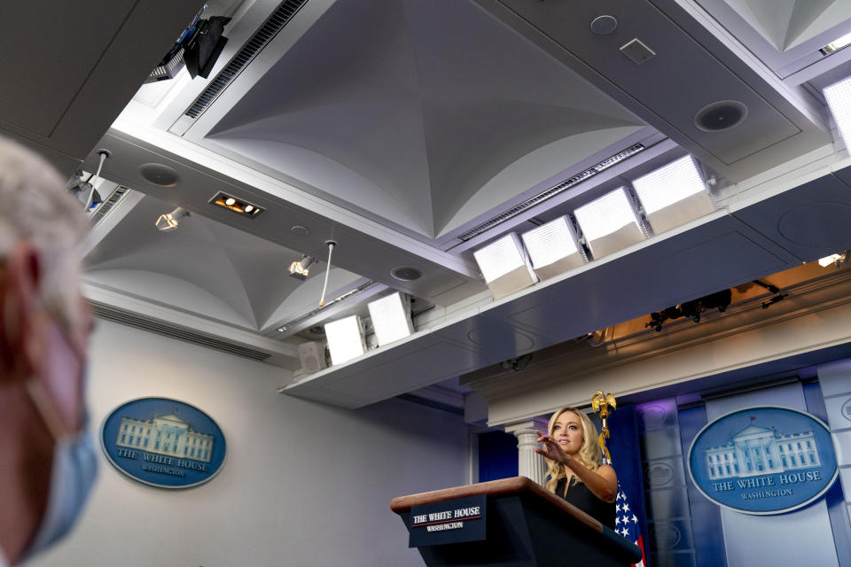 White House press secretary Kayleigh McEnany calls on a reporter during a press briefing in the James Brady Press Briefing Room at the White House in Washington, Tuesday, Sept. 22, 2020. (AP Photo/Andrew Harnik)