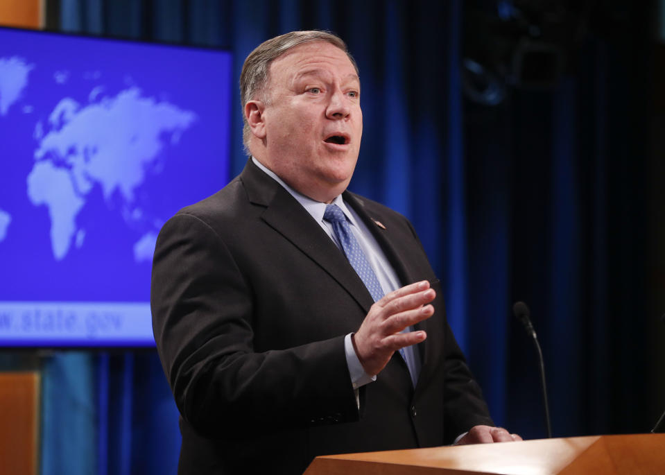 Secretary of State Mike Pompeo gestures while speaking during a news conference at the State Department in Washington, Tuesday, Nov. 20, 2018. (AP Photo/Pablo Martinez Monsivais)