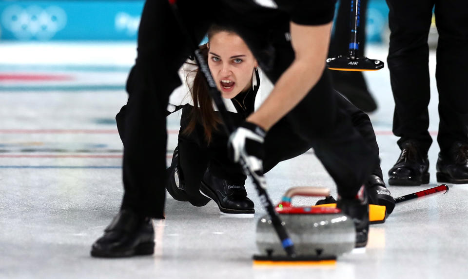 <p>Anastasia Bryzgalova of Olympic Athletes from Russia delivers a stone against Norway during the Curling Mixed Doubles Bronze Medal Game on day four of the PyeongChang 2018 Winter Olympic Games at Gangneung Curling Centre on February 13, 2018 in Gangneung, South Korea. (Photo by Ronald Martinez/Getty Images) </p>