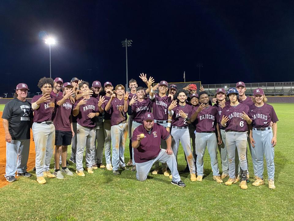 The Riverdale baseball team poses after head coach Bobby Pringle earned his 400th career win. The team defeated Mariner 4-3 on April 13, 2023.