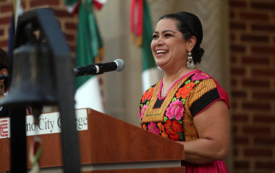 Consul General Adriana González Carrillo handled the Grito de Dolores during the Mexican Independence Day celebration at Fresno City College on Sept. 15, 2023.