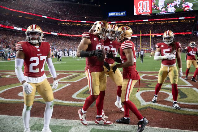 <p>Michael Zagaris/San Francisco 49ers/Getty</p> The 49ers after winning the NFC Championship