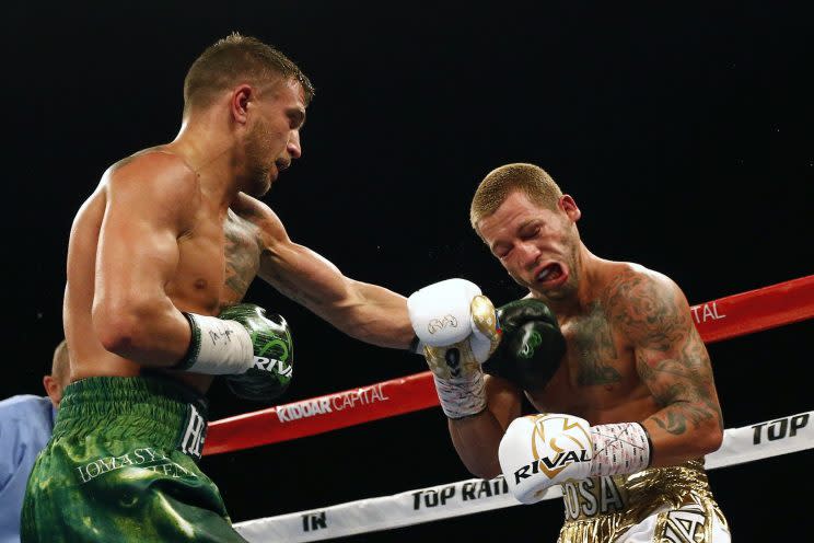 Super featherweight champion Vasyl Lomachenko (L), shown during a stoppage win over Jason Sosa Saturday, had been mentioned as a potential opponent for Manny Pacquiao, but nothing materialized. (Getty)