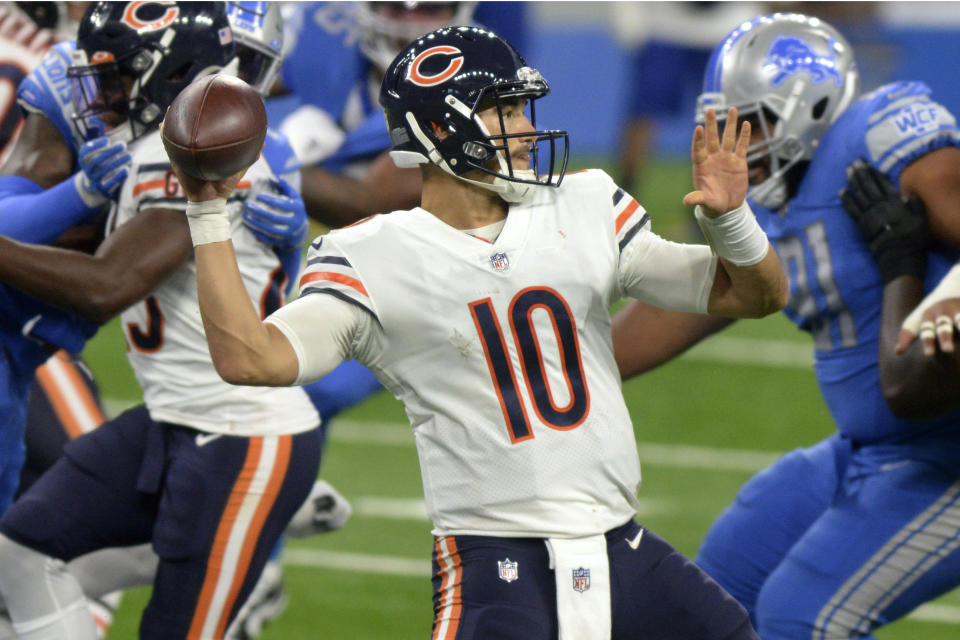 FILE - In this Sunday, Sept. 13, 2020, file photo, Chicago Bears quarterback Mitchell Trubisky throws a pass in the second half of an NFL football game against the Detroit Lions in Detroit. The Bears hope to win back-to-back games to start a season for the first time in seven years and deny the Giants their first victory under new coach Joe Judge when New York visits Soldier Field on Sunday (AP Photo/Jose Juarez, File)