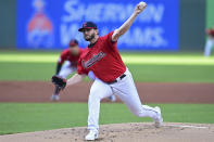 Cleveland Guardians starting pitcher Konnor Pilkington delivers during the first inning of a baseball game against the Los Angeles Angels, Monday, Sept. 12, 2022, in Cleveland. (AP Photo/David Dermer)