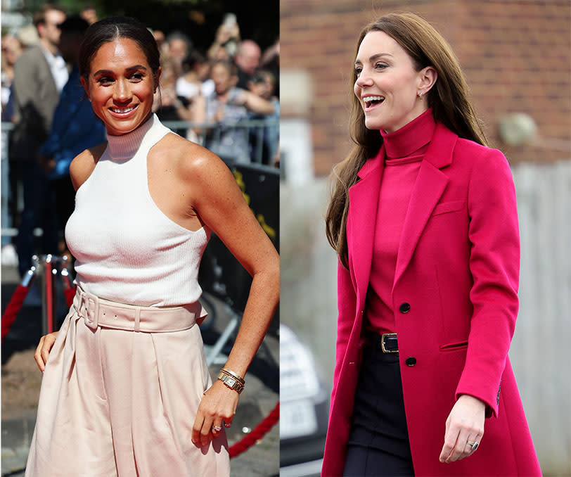 meghan markle style, kate middleton style, Meghan Markle, left, attends the 2023 Invictus Games Düsseldorfspeak, and Kate Middleton carries out engagements In London, 