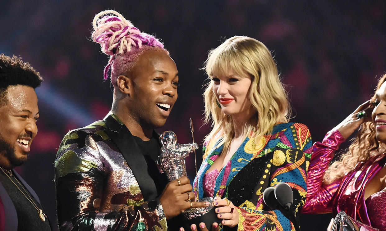 Todrick Hall and Taylor Swift receive 'Video For Good' award onstage during the 2019 MTV Video Music Awards at Prudential Center on August 26, 2019 in Newark, New Jersey. (Photo by Bennett Raglin/WireImage)