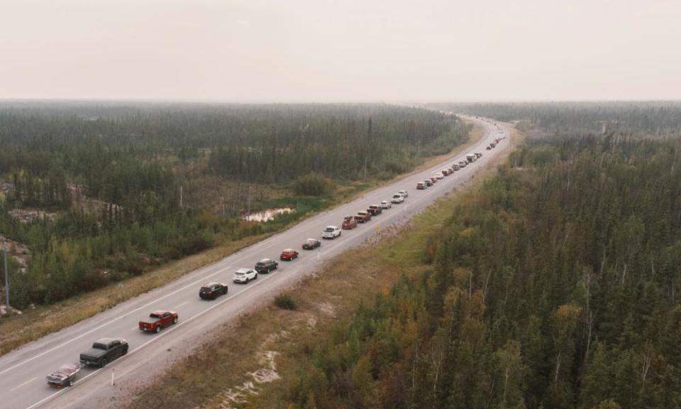 Yellowknife residents leave the city on Highway 3, the only highway in or out of the community