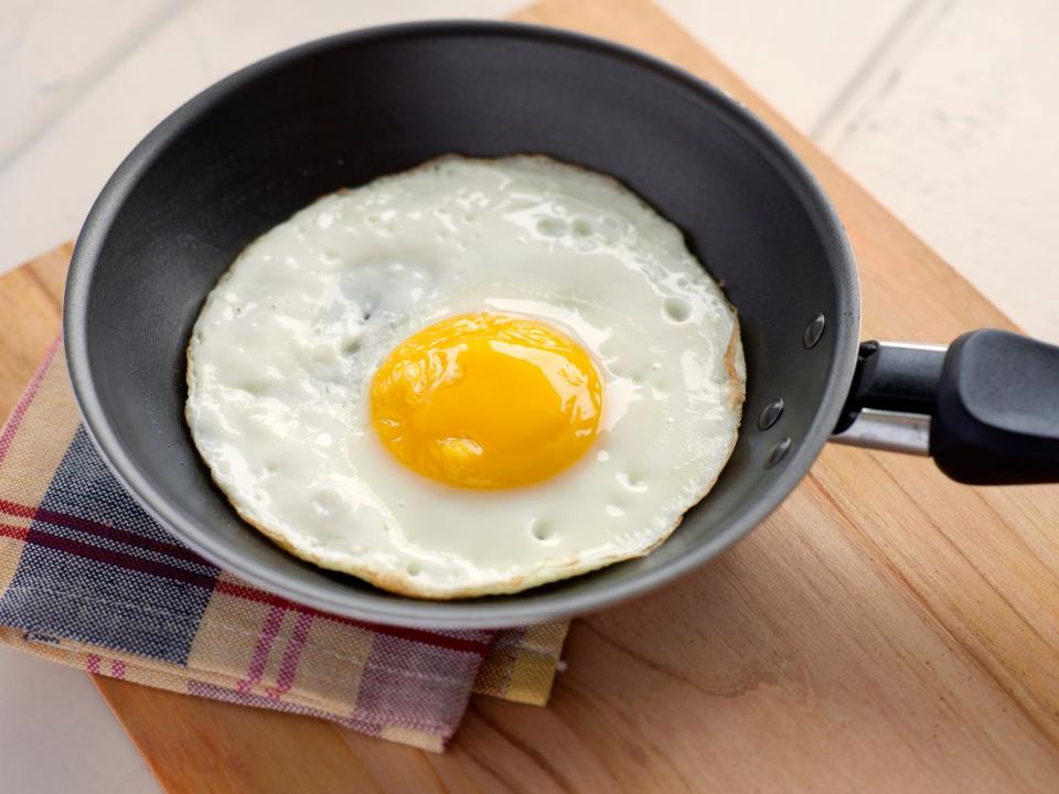 A sunny-side-up egg in a frying pan.