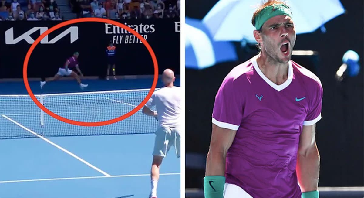 El momento épico de Rafa Nadal después de llevarse un tie-break histórico, el más largo de su carrera. Fuente: Channel Nine/Getty Images.