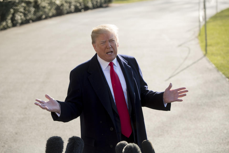 President Trump speaks to the media prior to departing on Marine One from the White House March 13. (Photo: Saul Loeb/AFP/Getty Images)