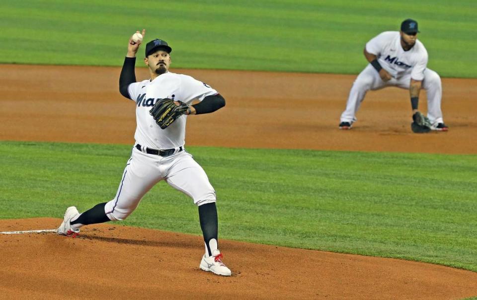 Miami Marlins Pablo Lo?pez (49) pitches in the opening inning as they play the Colorado Rockies at loandepot park June 8, 2021.