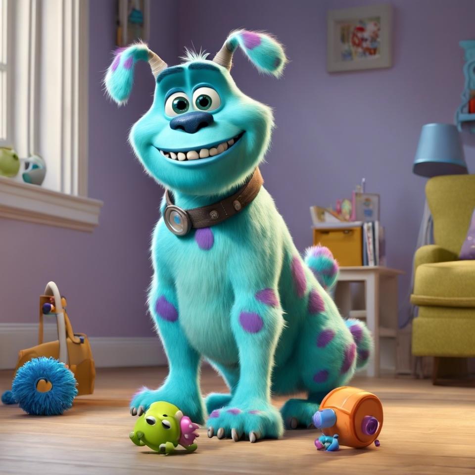 Animated character Sulley from Monsters, Inc. smiling in a child's room with toys around