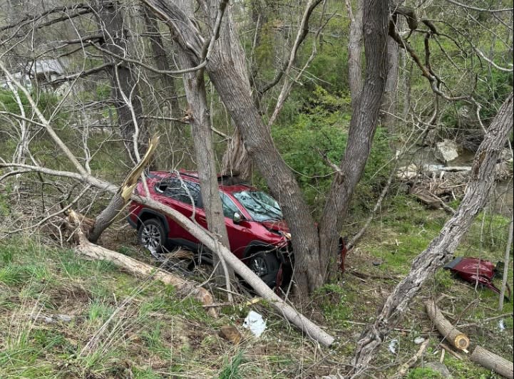 SUV in trees after crashing into embankment on Sylvatus Highway on April 16 in Carroll County. (Photo Courtesy: Hillsville Fire Department)