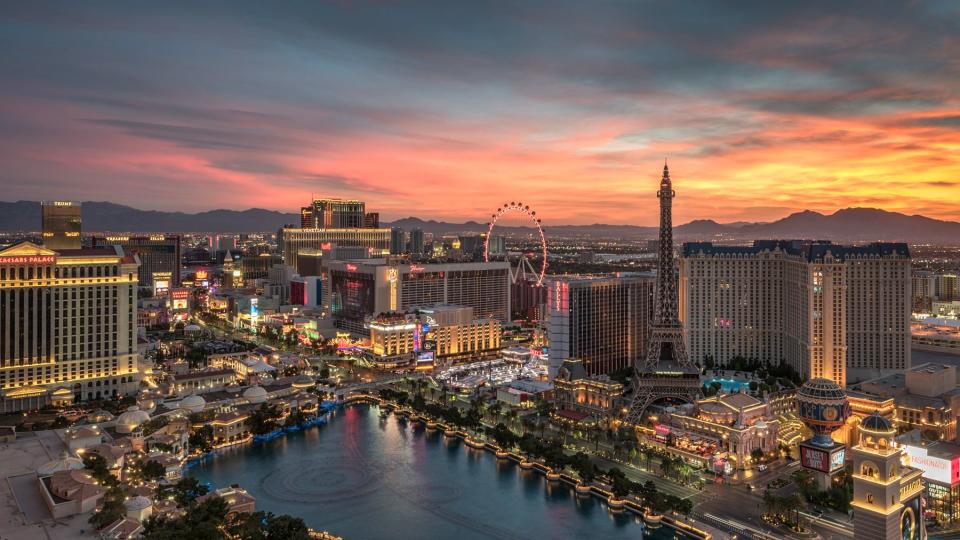 Las Vegas, aerial view at dusk of the The Strip