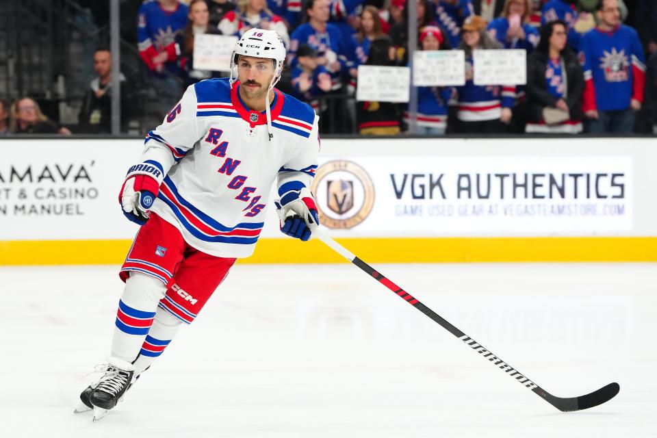 Jan 18, 2024; Las Vegas, Nevada, USA; New York Rangers center Vincent Trocheck (16) warms up before a game against the Vegas Golden Knights at T-Mobile Arena.