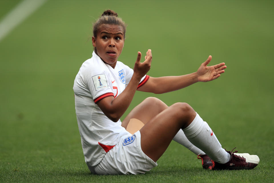 VALENCIENNES, FRANCE - JUNE 23: Nikita Parris of England reacts after being elbowed in the face during the 2019 FIFA Women's World Cup France Round Of 16 match between England and Cameroon at Stade du Hainaut on June 23, 2019 in Valenciennes, France. (Photo by Marc Atkins/Getty Images)