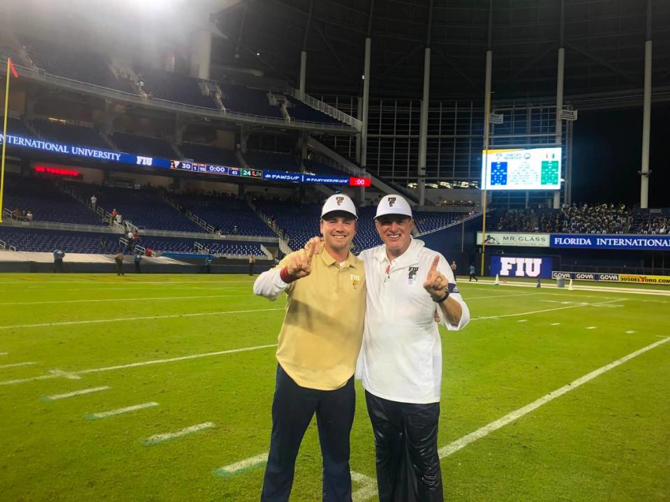 Drew Davis, assistant coach at St. Thomas University, seen here with his father, former University of Miami and FIU football coach Butch Davis.