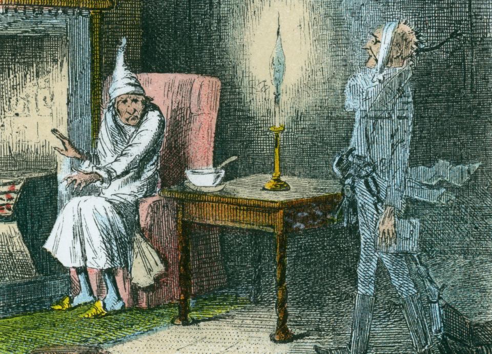 Illustration by John Leech of Scrooge being visited by the ghost of his late business partner, Marley. (Photo: Print Collector via Getty Images)