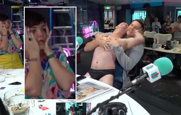 Em Rusciano literally couldn't deal with Grant getting naked. Source: 2DayFM