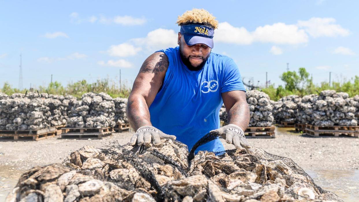 Demonte Sawyer sets collected bags of oyster shells onto pallets, which they'll use to put them into the water at the Coalition to Restore Coastal Louisiana oyster shell collection center in Buras, Louisiana., on May 21, 2019. (Photo: Emily Kask for HuffPost)