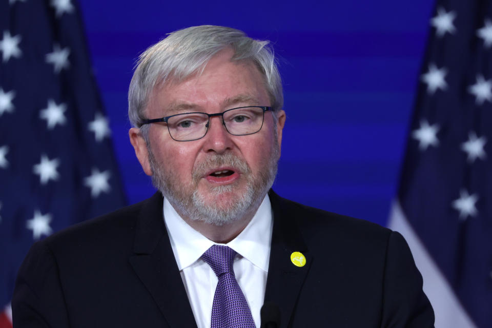 WASHINGTON, DC - MAY 26:  President of the Asia Society and former Australian prime minister Kevin Rudd speaks as he introduces U.S. Secretary of State Antony Blinken during an event at Jack Morton Auditorium of George Washington University May 26, 2022 in Washington, DC. Blinken delivered a speech on the Biden administration’s policy toward China during the event hosted by the Asia Society Policy Institute. (Photo by Alex Wong/Getty Images)