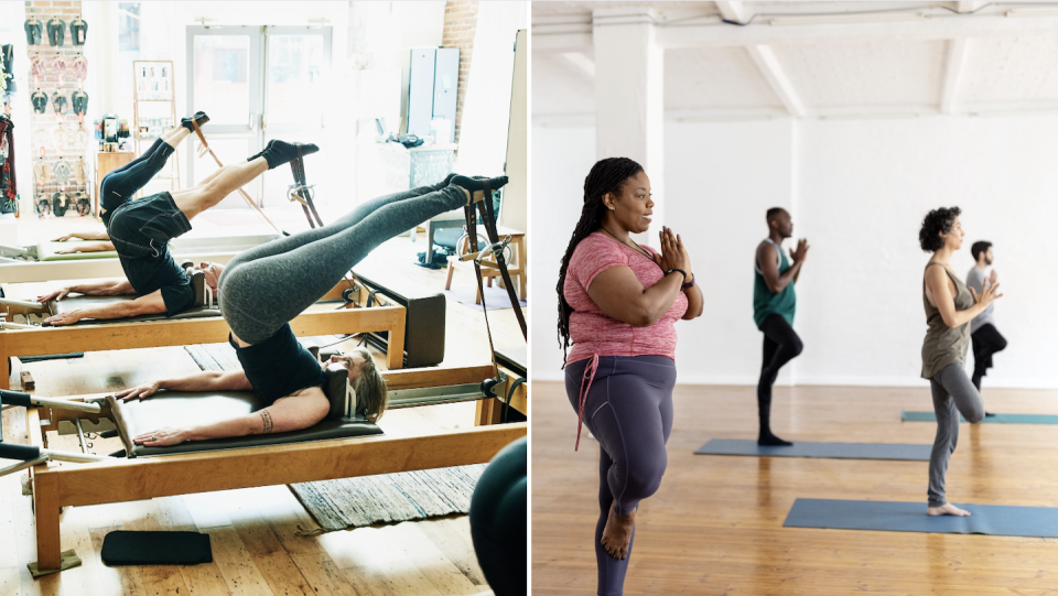 Students using reformer machines in pilates class (left) and students in a yoga class (Photos: Getty Images)