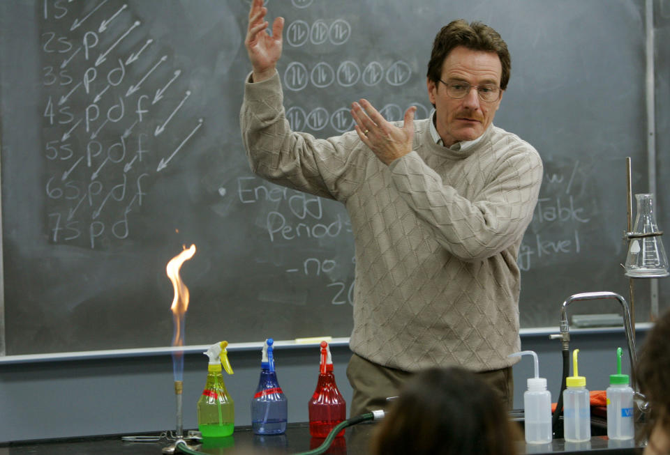 This image released by AMC shows Walter White, played by Bryan Cranston, teaching chemistry class in a scene from the pilot episode of "Breaking Bad." The series finale of the popular drama series aired on Sunday, Sept. 29. (AP Photo/AMC, Doug Hyun)