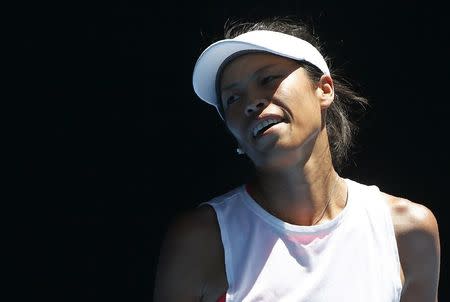 Tennis - Australian Open - Rod Laver Arena, Melbourne, Australia, January 18, 2018. Hsieh Su-Wei of Taiwan reacts during her match against Garbine Muguruza of Spain. REUTERS/Thomas Peter