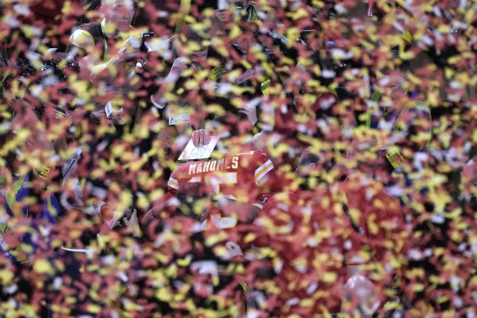 Kansas City Chiefs quarterback Patrick Mahomes (15) celebrates after their win against the San Francisco 49ers in overtime during the NFL Super Bowl 58 football game Sunday, Feb. 11, 2024, in Las Vegas. The Chiefs won 25-22. (AP Photo/Charlie Riedel)