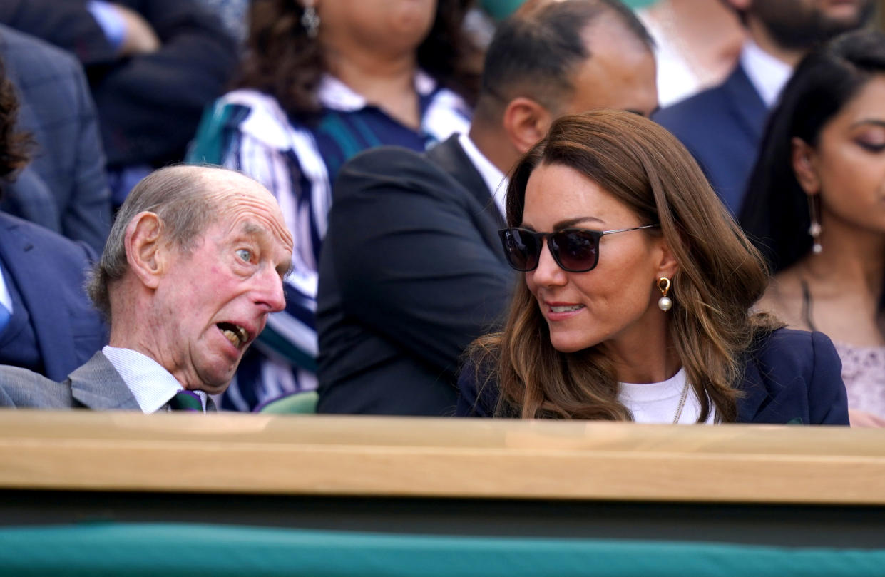 The Duke of Kent and the Duchess of Cambridge in the royal box on day five of Wimbledon at The All England Lawn Tennis and Croquet Club, Wimbledon. Picture date: Friday July 2, 2021. (Photo by Adam Davy/PA Images via Getty Images)