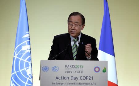 United Nations Secretary General Ban Ki-moon delivers his speech during the Action Day at the World Climate Change Conference 2015 (COP21) at Le Bourget, near Paris, France, December 5, 2015. REUTERS/Philippe Wojazer