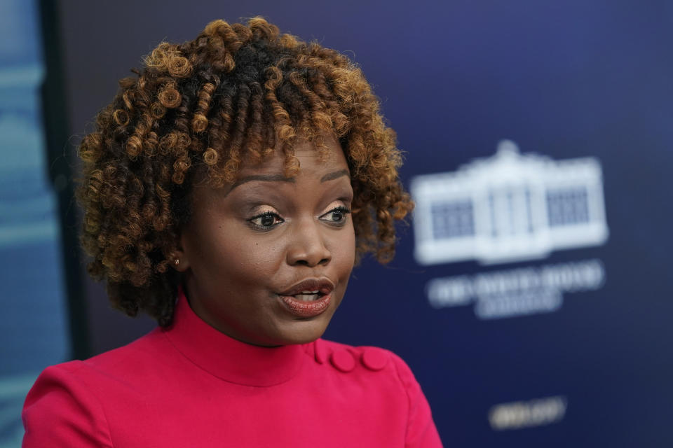 White House press secretary Karine Jean-Pierre speaks during a press briefing at the White House, Tuesday, Jan. 3, 2023, in Washington. (AP Photo/Patrick Semansky)