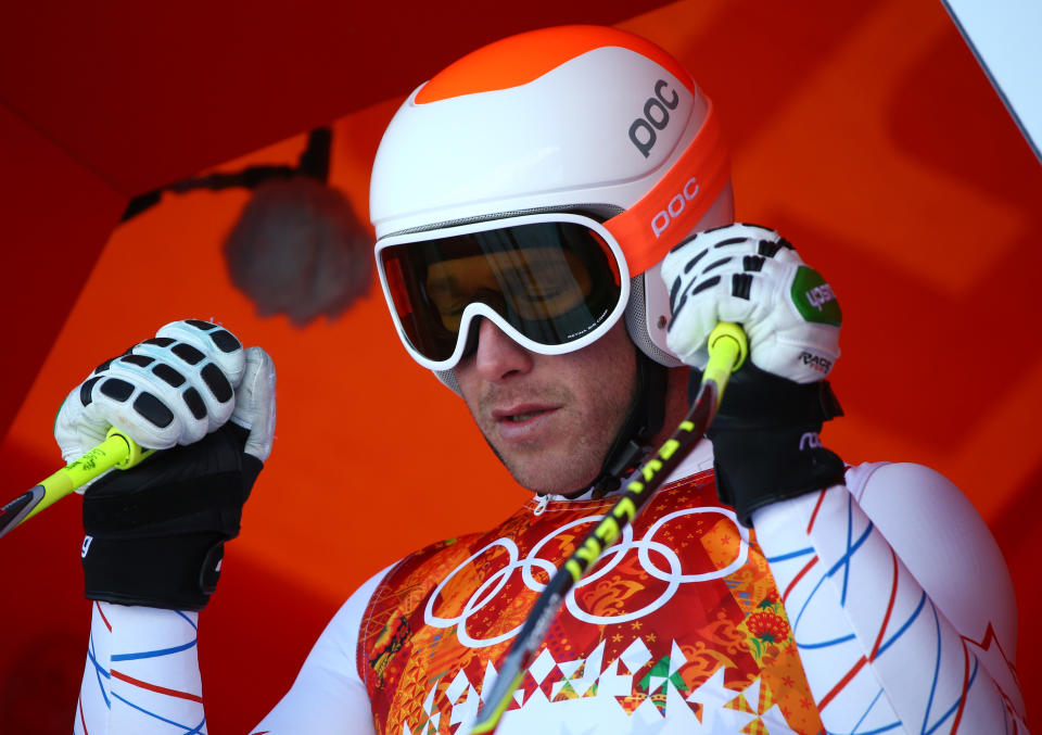 United States' Bode Miller prepares to start in a men's downhill training run for the 2014 Winter Olympics, Thursday, Feb. 6, 2014, in Krasnaya Polyana, Russia. (AP Photo/Alessandro Trovati)