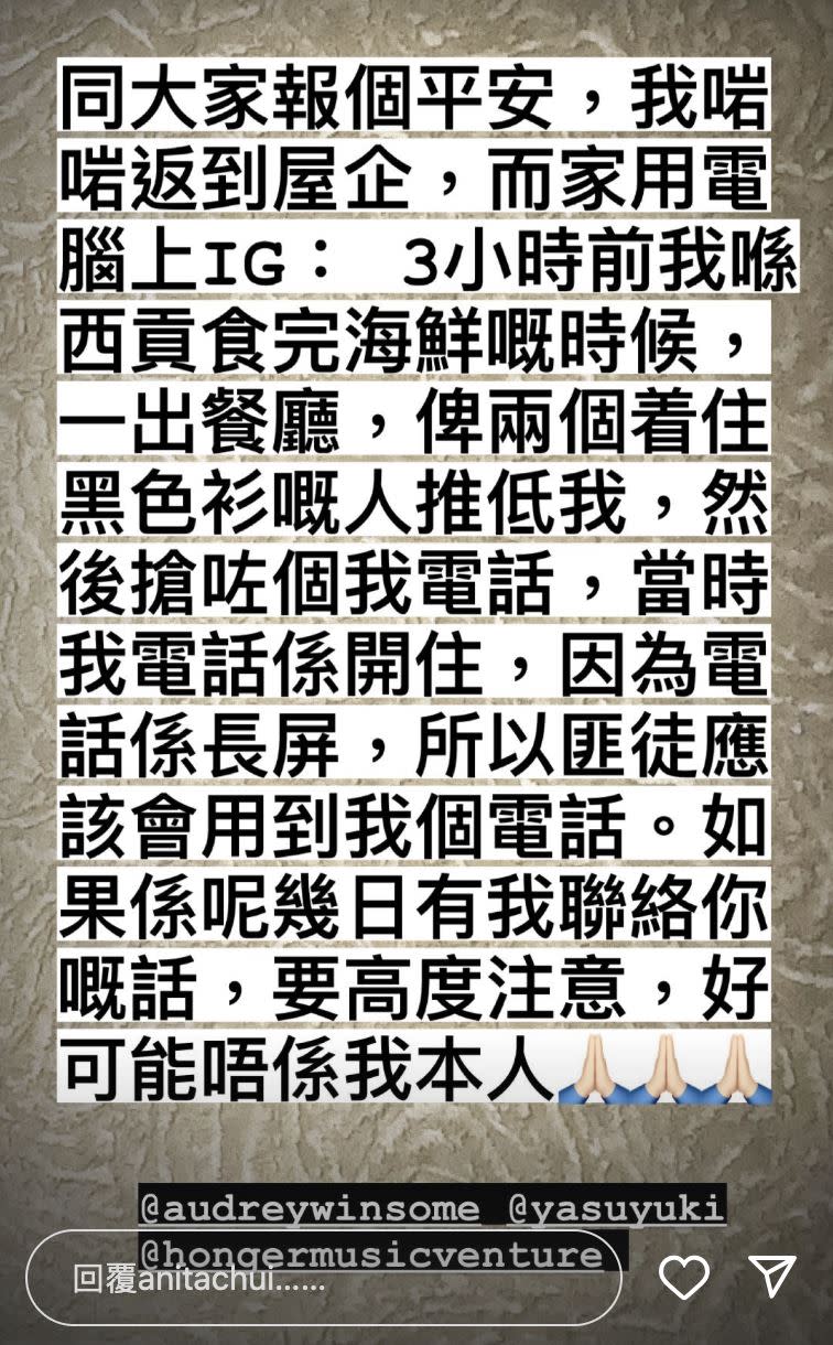 崔碧珈驚恐警告親友，可能會收到搶匪假傳的訊息。（圖／翻攝自anitachui IG）