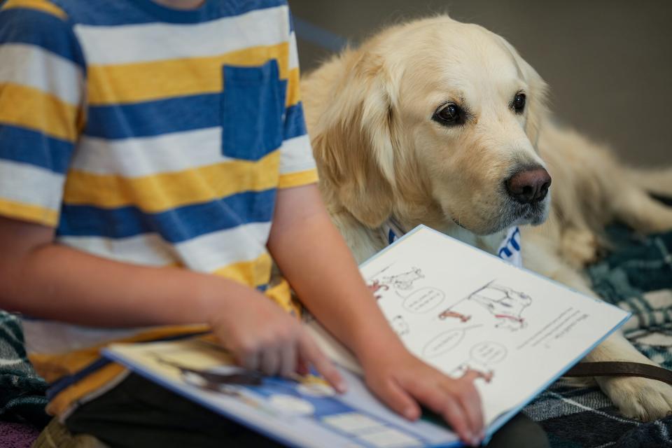 PJ Kelly, 8, reads to Paws and Think therapy dog Cooper on Wednesday, Nov. 8, 2023, after meeting IndyStar for an interview at Brownsburg Public Library. Paws and Think is a program where children can practice their reading in front of therapy dogs, which creates a more welcoming, less intimidating environment.