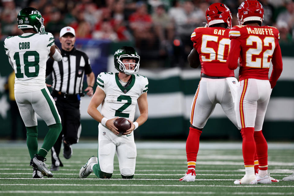 Zach Wilson and the New York Jets lost a close game to the Chiefs on Sunday night. (Photo by Elsa/Getty Images)