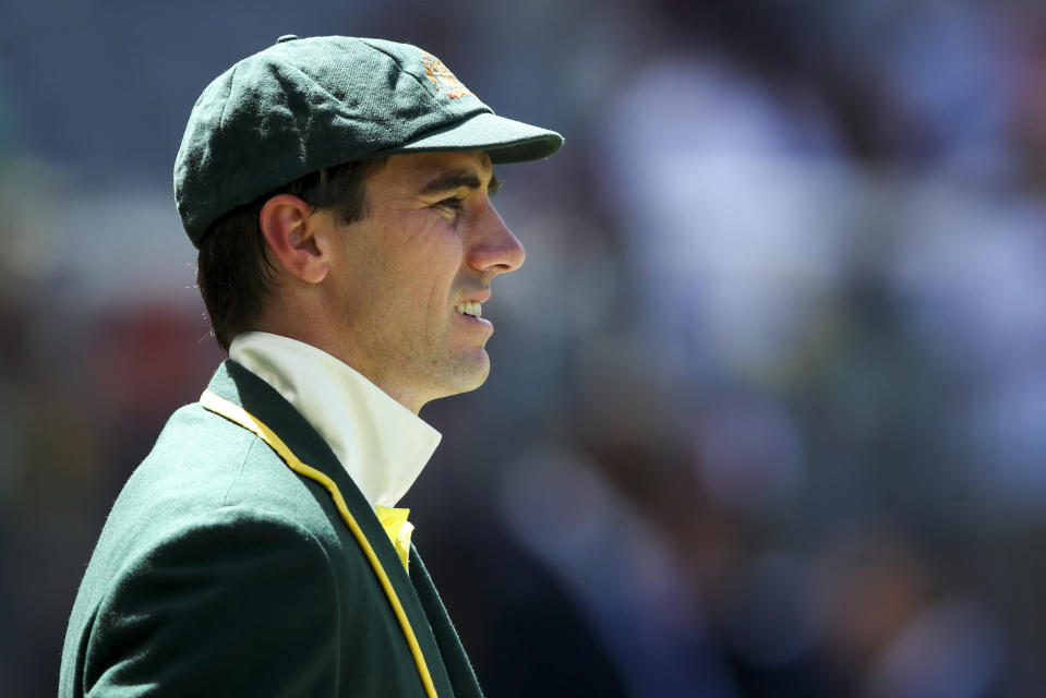 Australia's captain Pat Cummins ahead of play on the first day of the first cricket test between Australia and the West Indies in Perth, Australia, Wednesday, Nov. 30, 2022. (AP Photo/Gary Day)