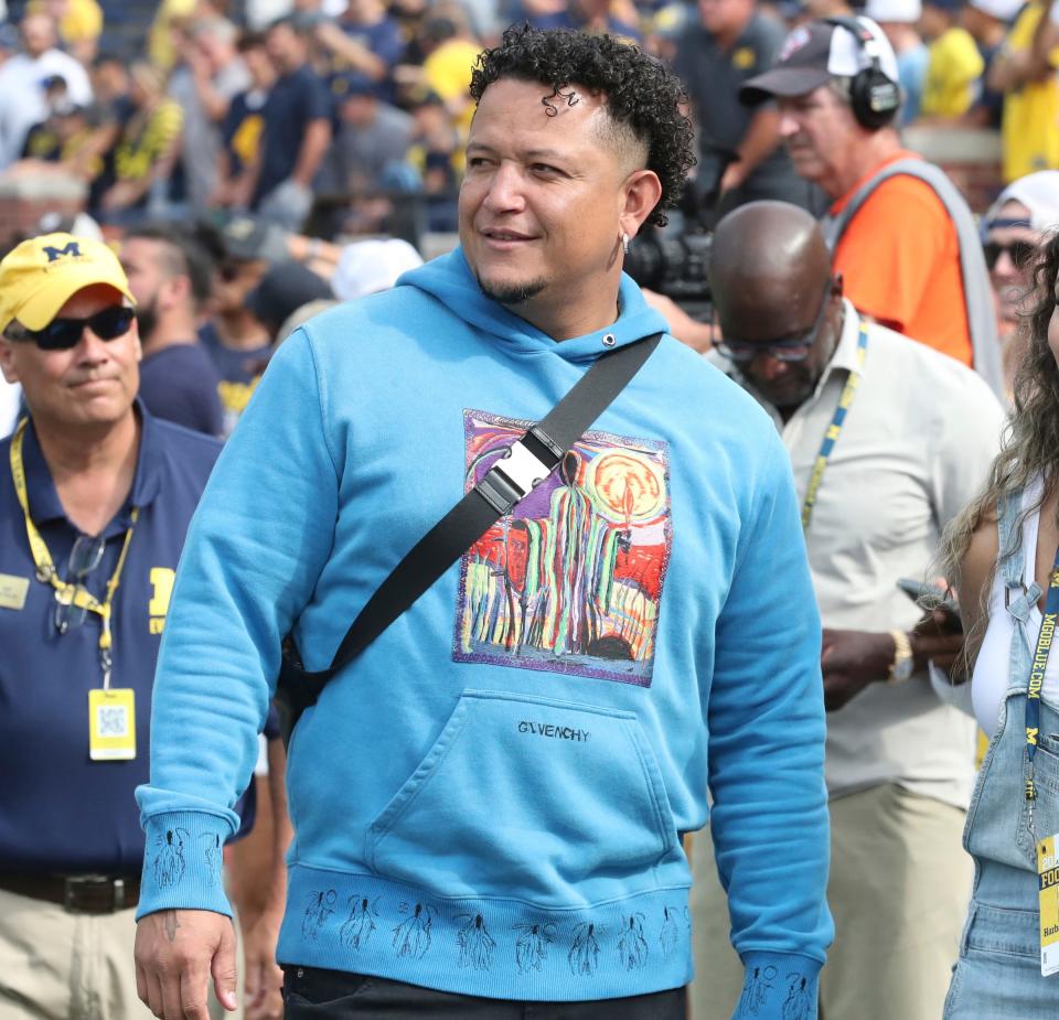 Detroit Tigers' Miguel Cabrera watches the Michigan Wolverines warm up before the game against the Connecticut Huskies at Michigan Stadium, Saturday, September 17, 2022.