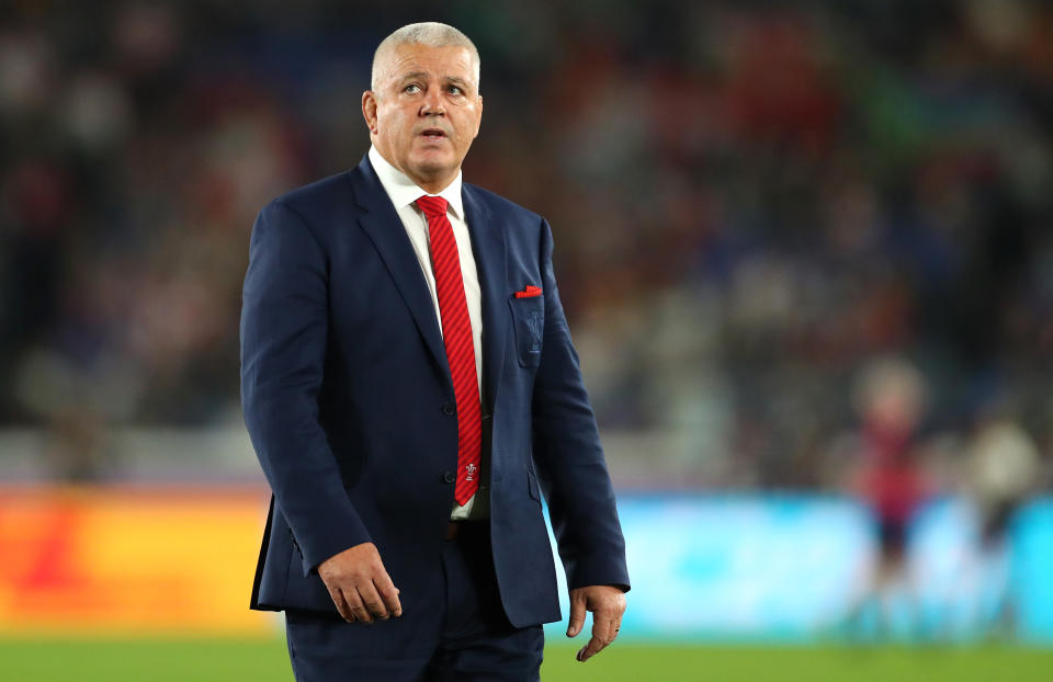 Wales coach Warren Gatland watches as the team warms up during the Rugby World Cup 2019 Semi-Final match between Wales and South Africa at International Stadium Yokohama. (Credit: Getty Images)