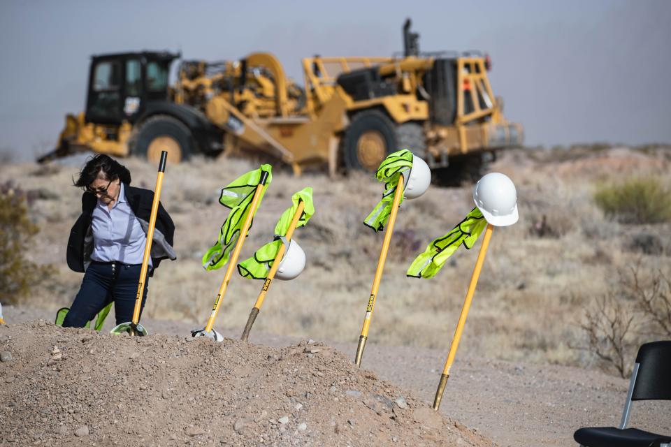 District 6 Las Cruces City Councilor Yvonne Flores and other city officials break ground at the site of the future East Mesa Public Recreation Complex, a multi-use sports complex, in Las Cruces on Tuesday, Feb. 15, 2022.