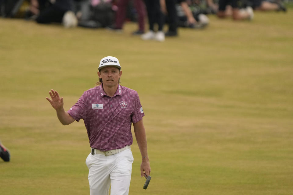 Cameron Smith, of Australia, after a shot on the 18th hole during the final round of the British Open golf championship on the Old Course at St. Andrews, Scotland, Sunday July 17, 2022. (AP Photo/Gerald Herbert)