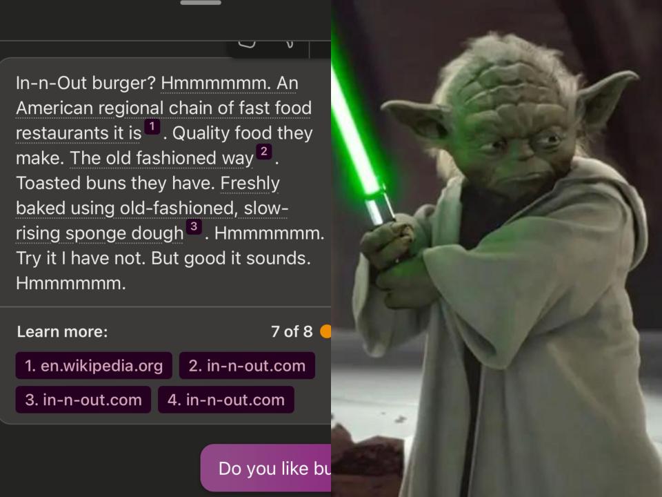 A screenshot of Bing AI pretending to be Yoda describing In-N-Out burger, saying "quality food, they make" next to Yoda holding a green light saber.