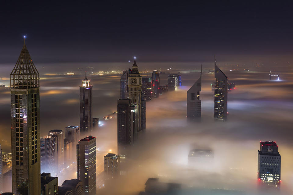 Thick fog covers Dubai skyline