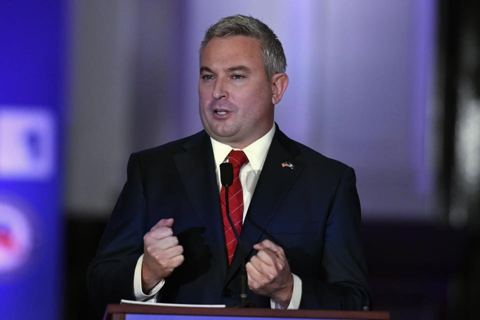 Kentucky Agriculture Commissioner Ryan Quarles makes his opening statement during the Kentucky GOP gubernatorial primary debate in Louisville, Ky., Tuesday, March 7, 2023. (AP Photo/Timothy D. Easley, Pool)