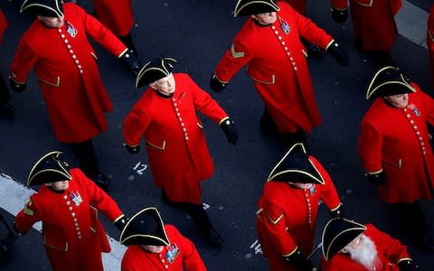 Chelsea Pensioners marching past the Cenotaph during the Annual Service of Remembrance - Credit: Owen Cooban/MOD