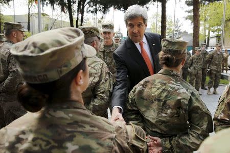 U.S. Secretary of State John Kerry meets U.S. military personnel at Resolute Support Headquarters in Kabul April 9, 2016. REUTERS/Jonathan Ernst