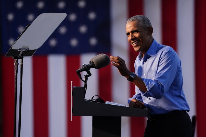 Former President Barack Obama speaks at Citizens Bank Park as he campaigns for Democratic presidential candidate former Vice President Joe Biden, Wednesday, Oct. 21, 2020, in Philadelphia. (AP Photo/ Matt Slocum)