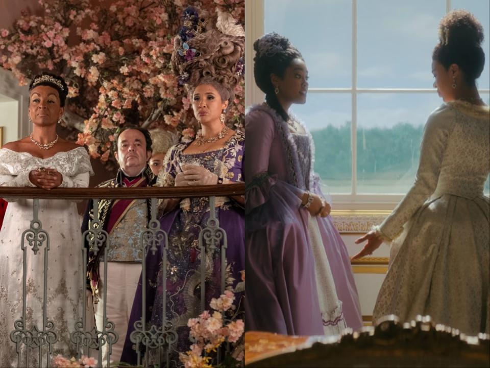 Adjoa Andoh and Golda Rosheuvel as Lady Danbury and Queen Charlotte in "Bridgerton" season, and Arsema Thomas and India Amarteifio as young Lady Danbury and young Queen Charlotte in "Queen Charlotte."
